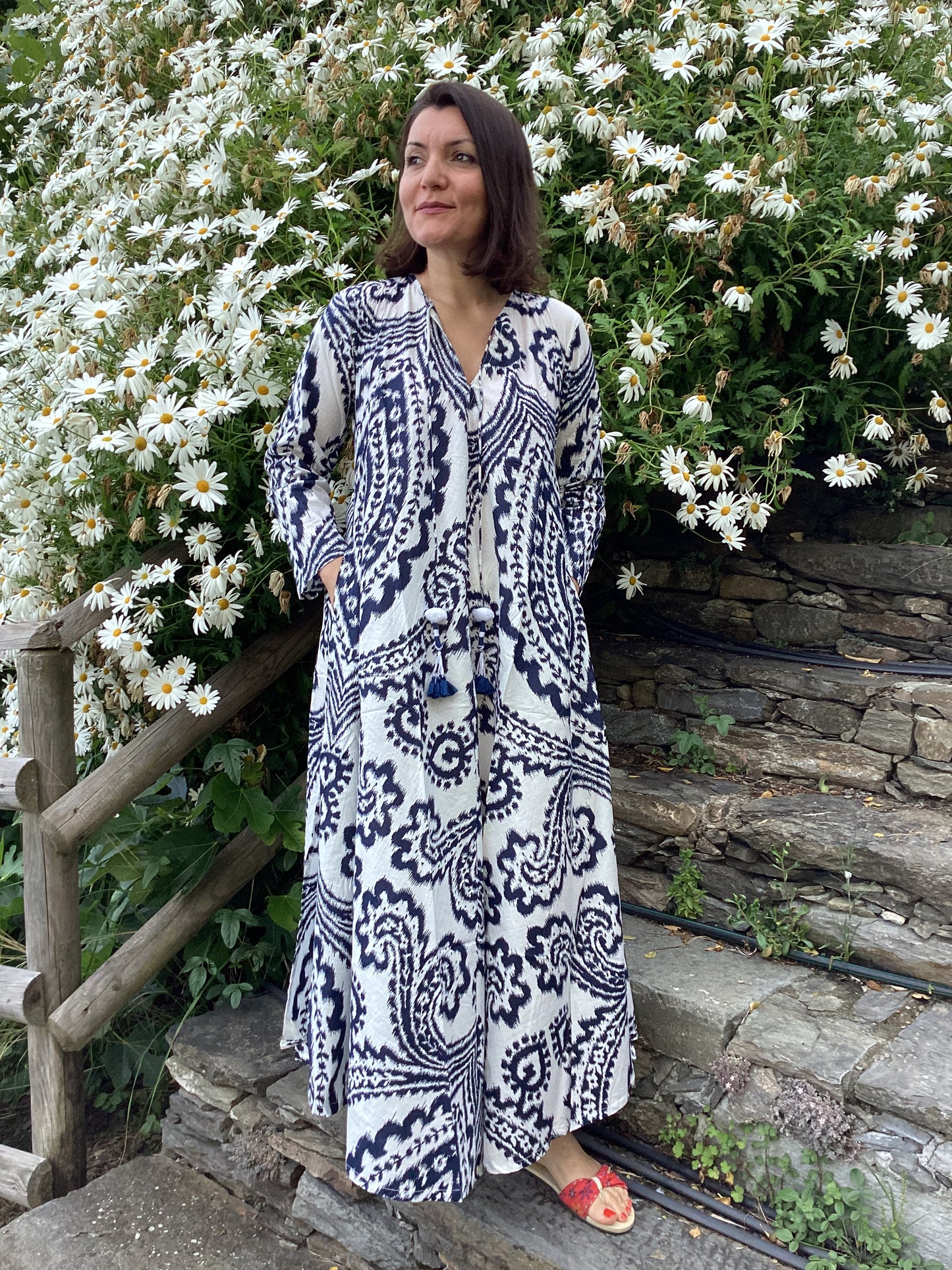Navy Blue Ikat Print Long Dress