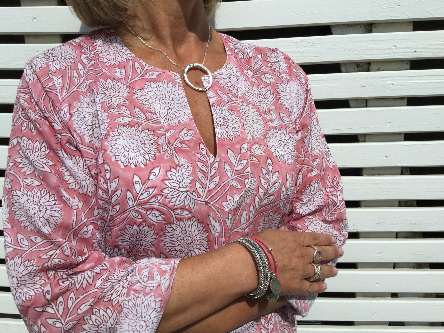 Ladies' Kaftan - Pink and white flower print - Alassio