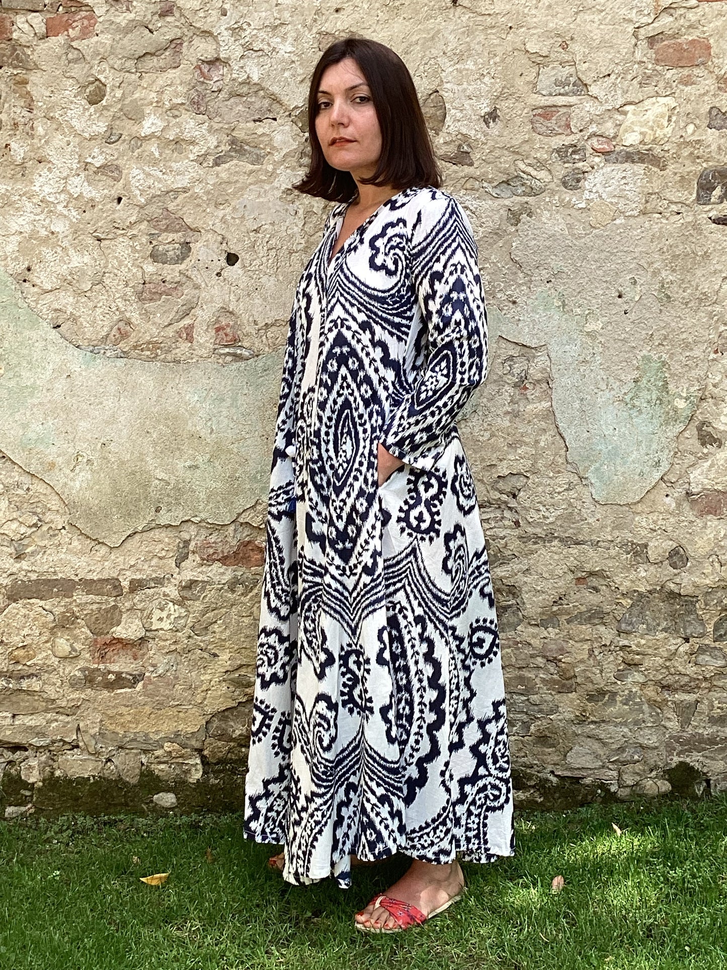 Navy Blue Ikat Print Long Dress