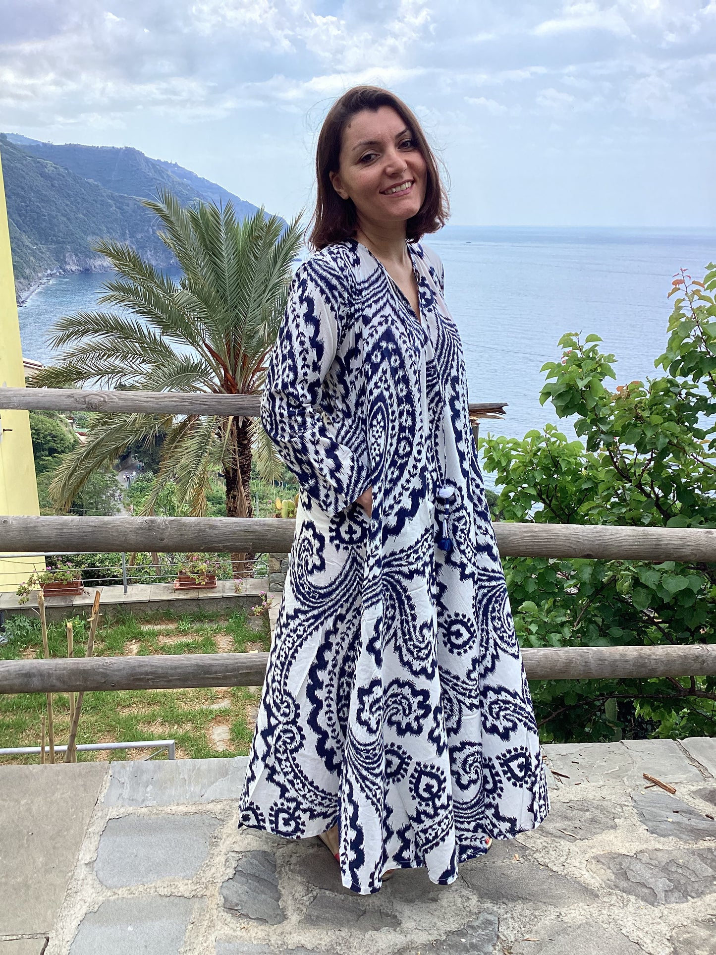 Navy Blue Ikat Print Long Dress