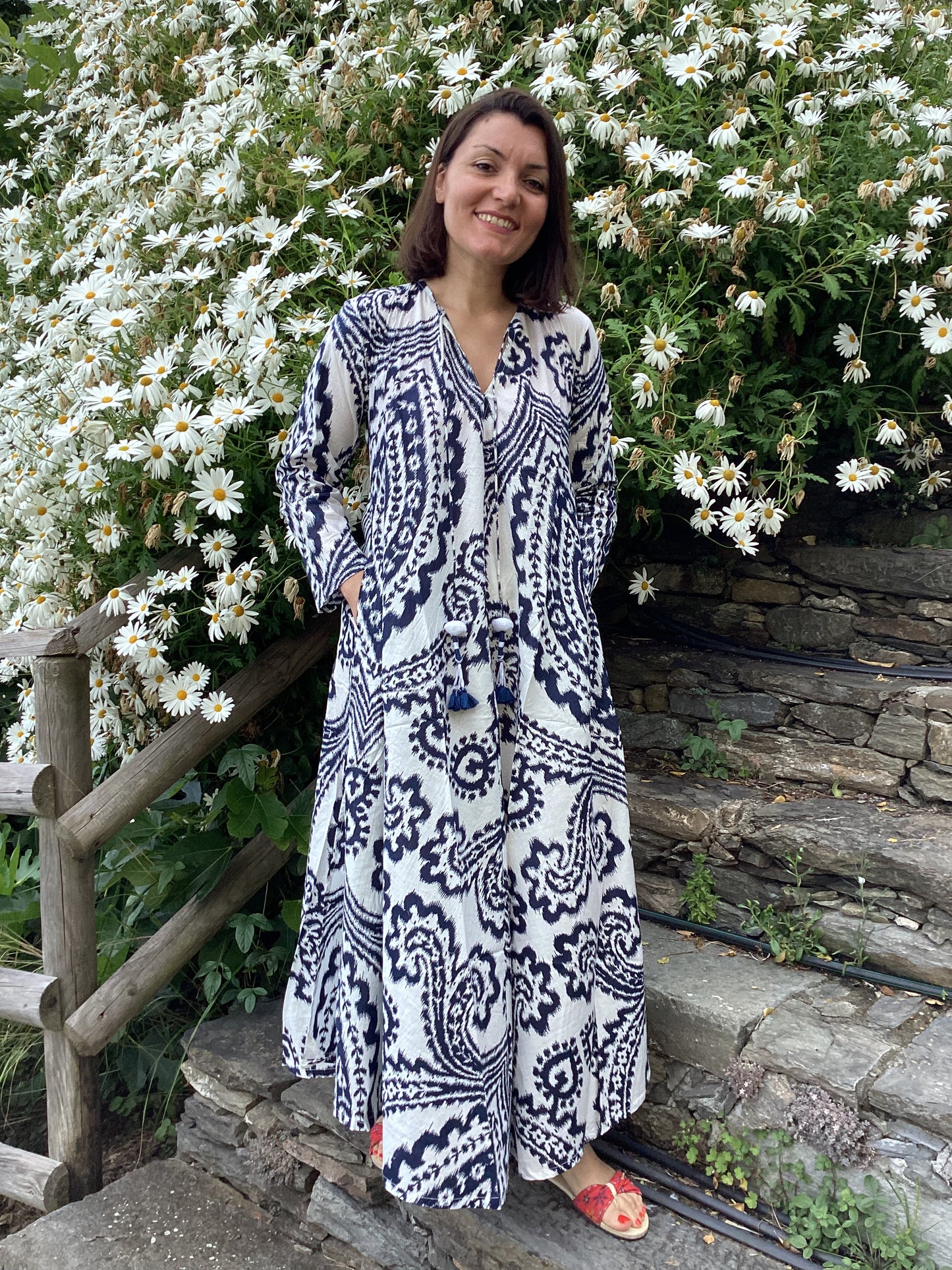 Navy Blue Ikat Print Long Dress