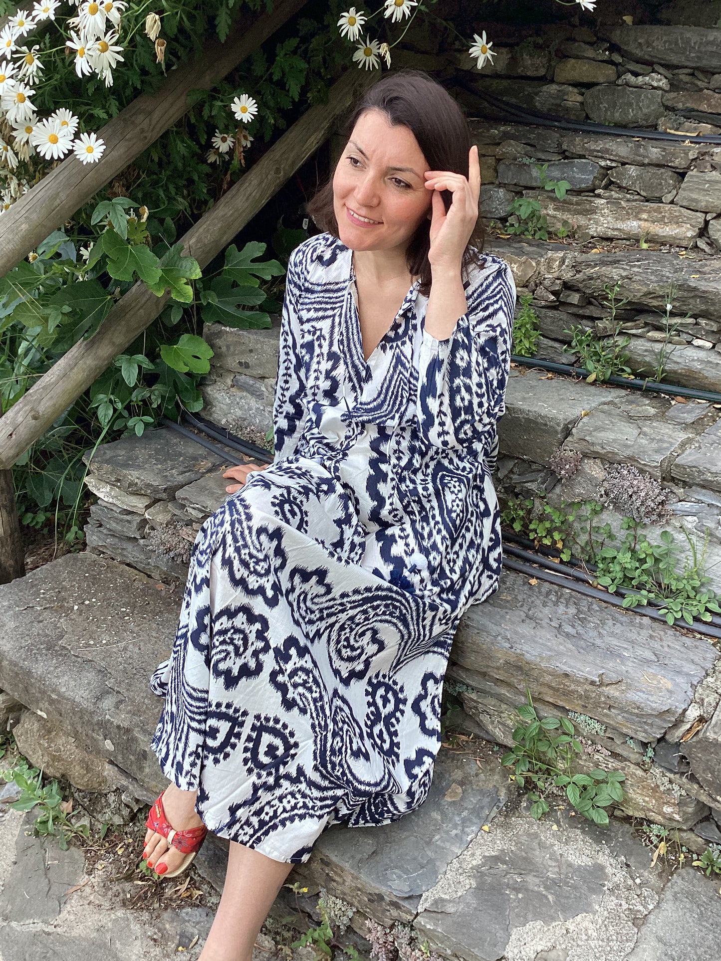 Navy Blue Ikat Print Long Dress