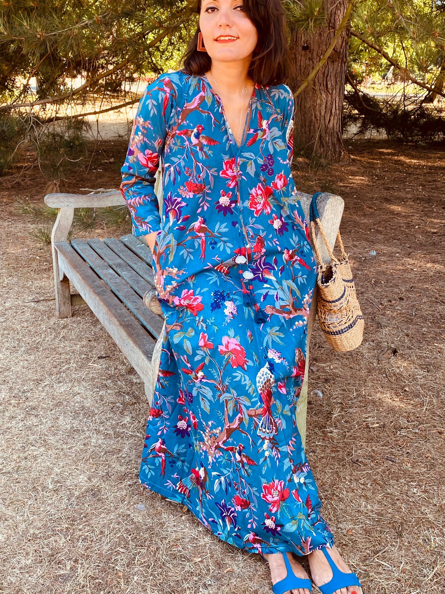 Teal Birds of Paradise Cotton Long Dress