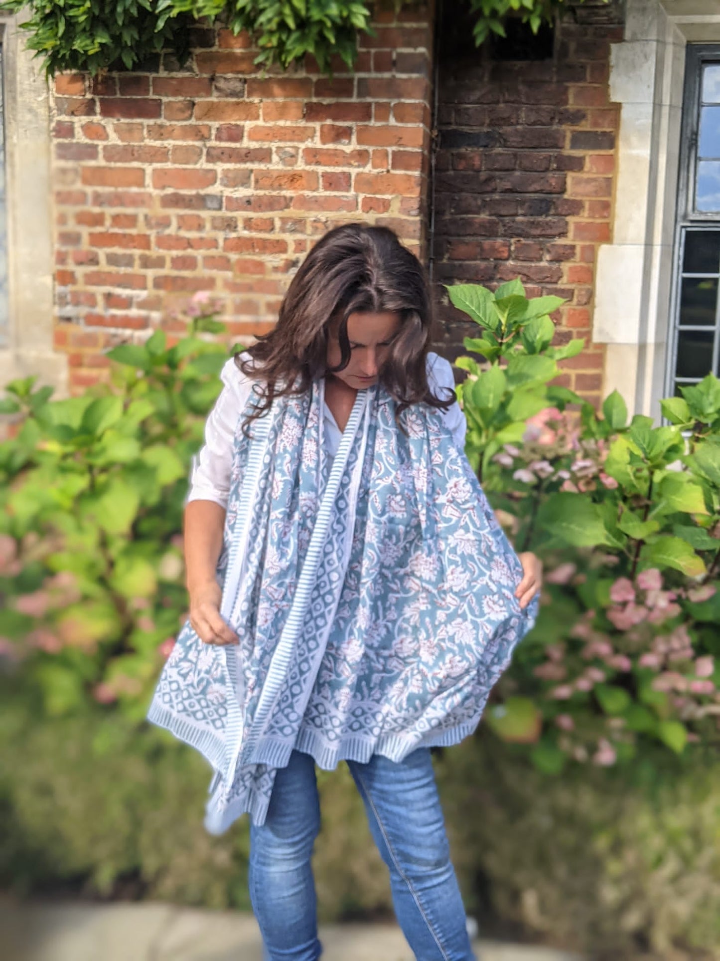 Grey  Poppies - Block Printed Cotton Shawl