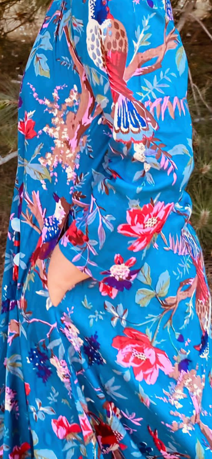 Teal Birds of Paradise Cotton Long Dress