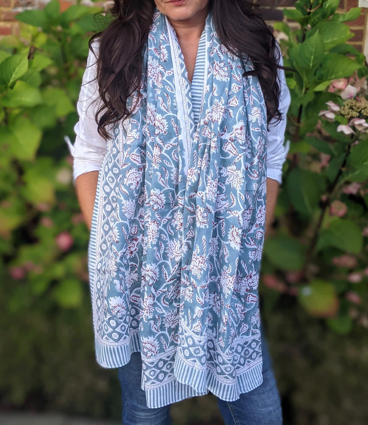 Grey  Poppies - Block Printed Cotton Shawl