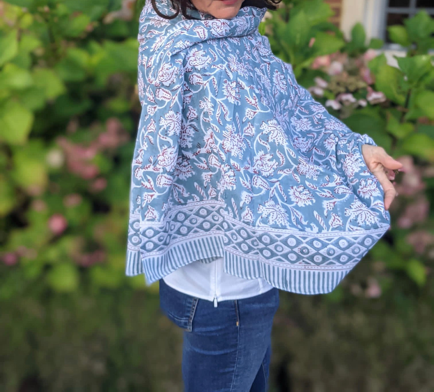 Grey  Poppies - Block Printed Cotton Shawl