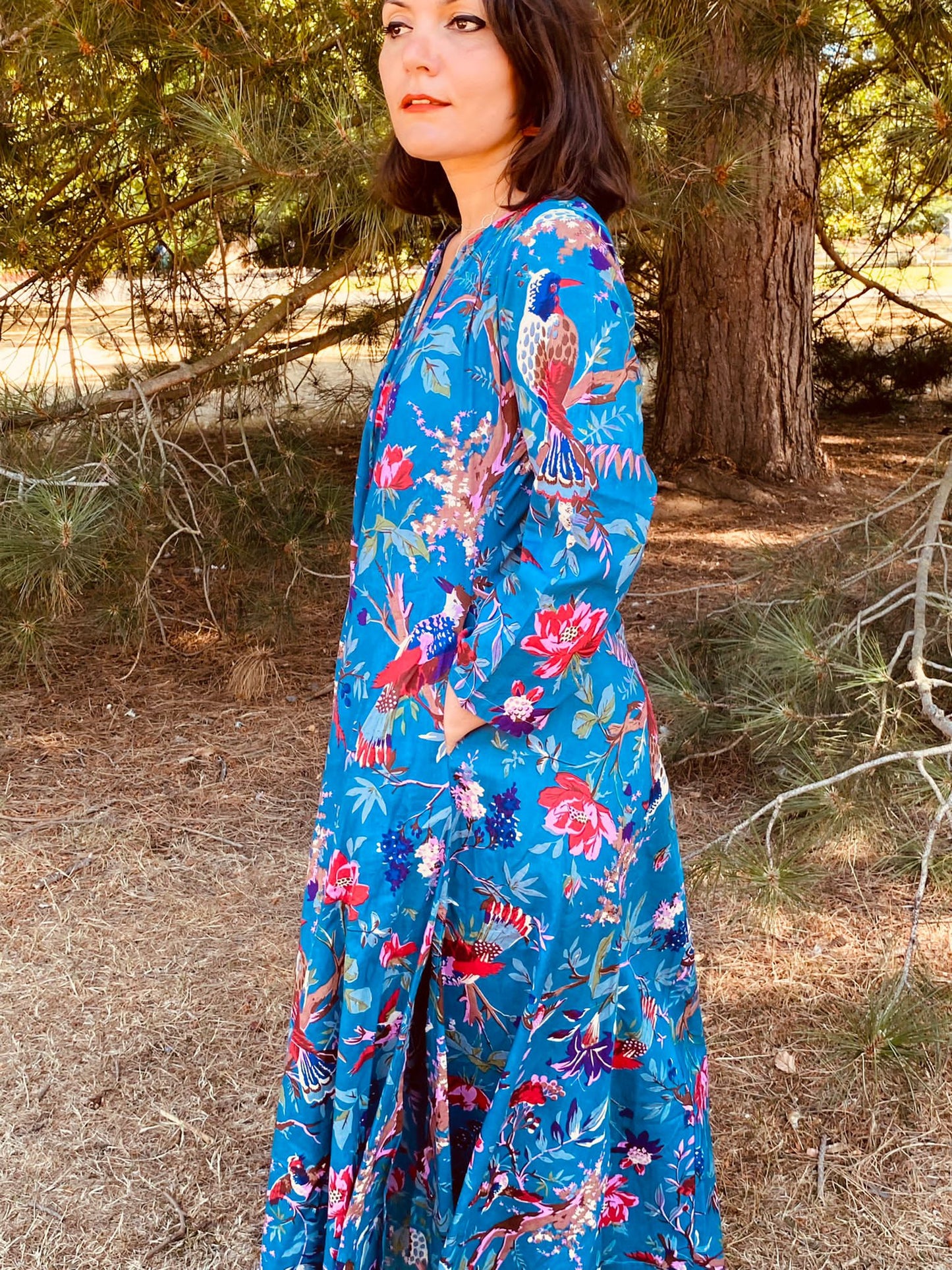 Teal Birds of Paradise Cotton Long Dress