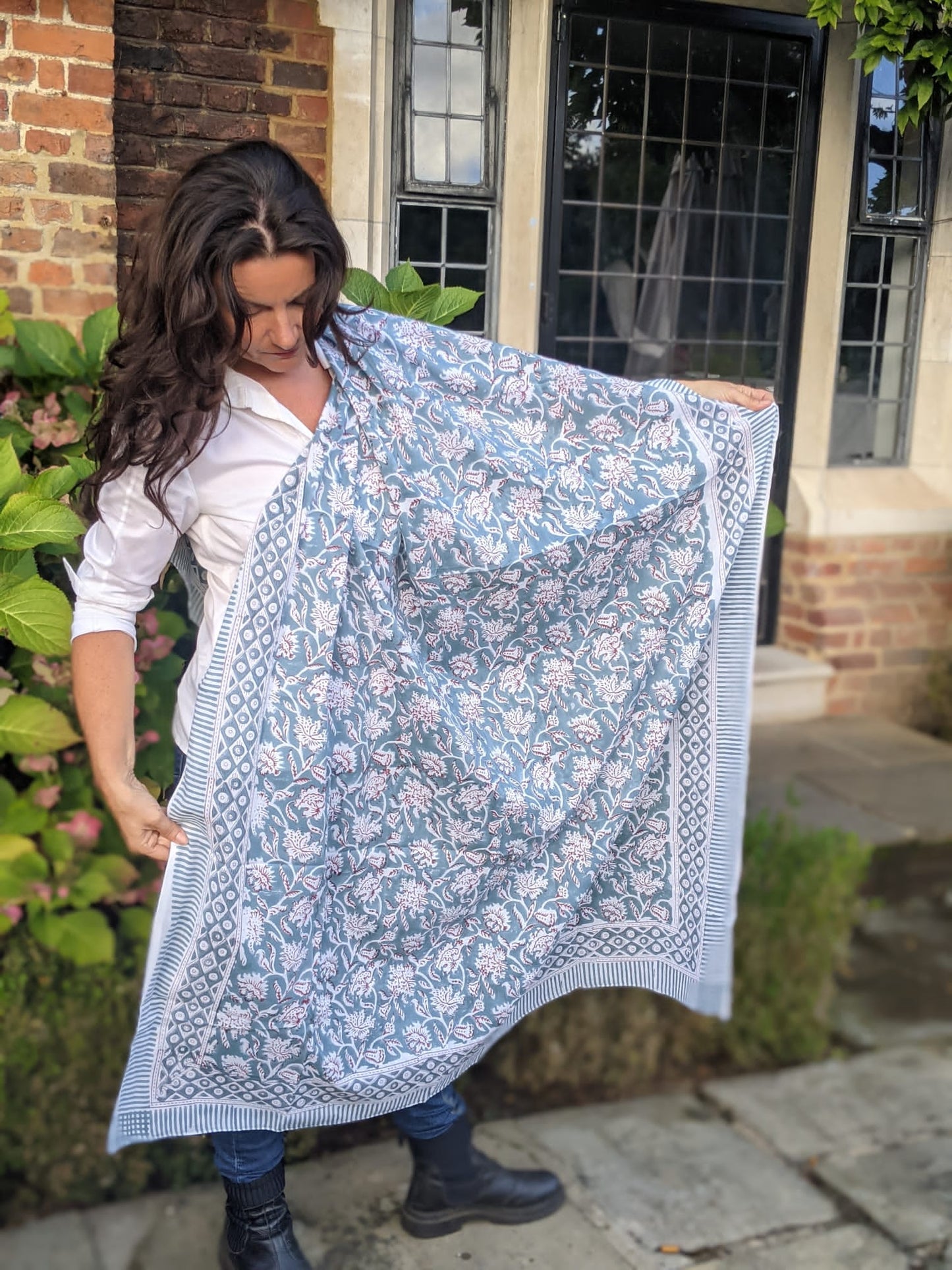 Grey  Poppies - Block Printed Cotton Shawl