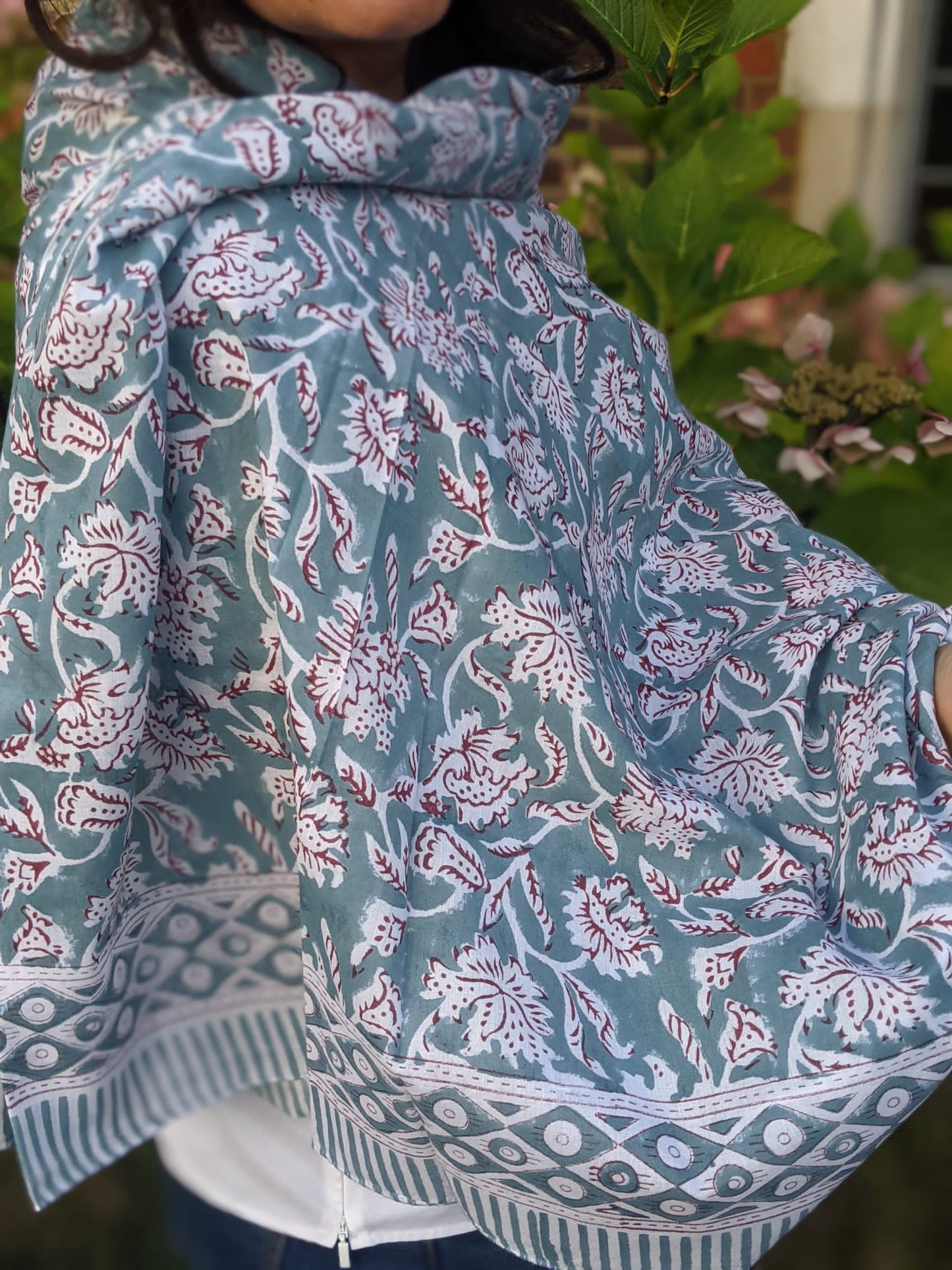Grey  Poppies - Block Printed Cotton Shawl