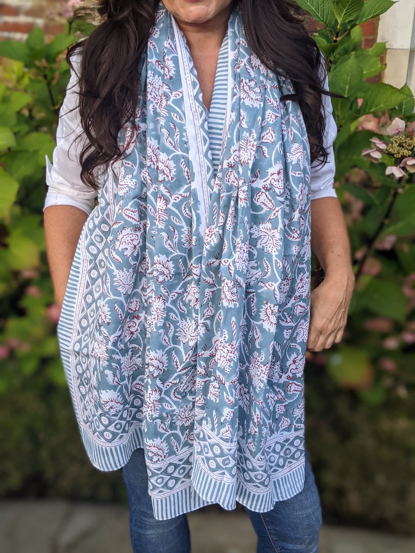 Grey  Poppies - Block Printed Cotton Shawl