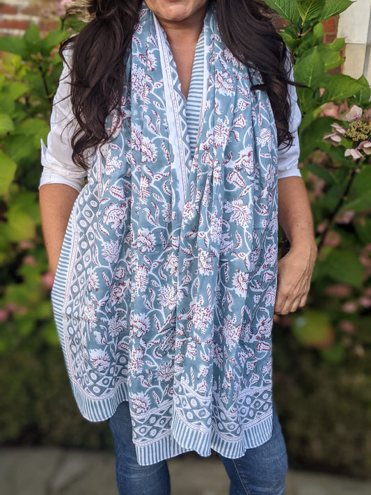 Grey  Poppies - Block Printed Cotton Shawl