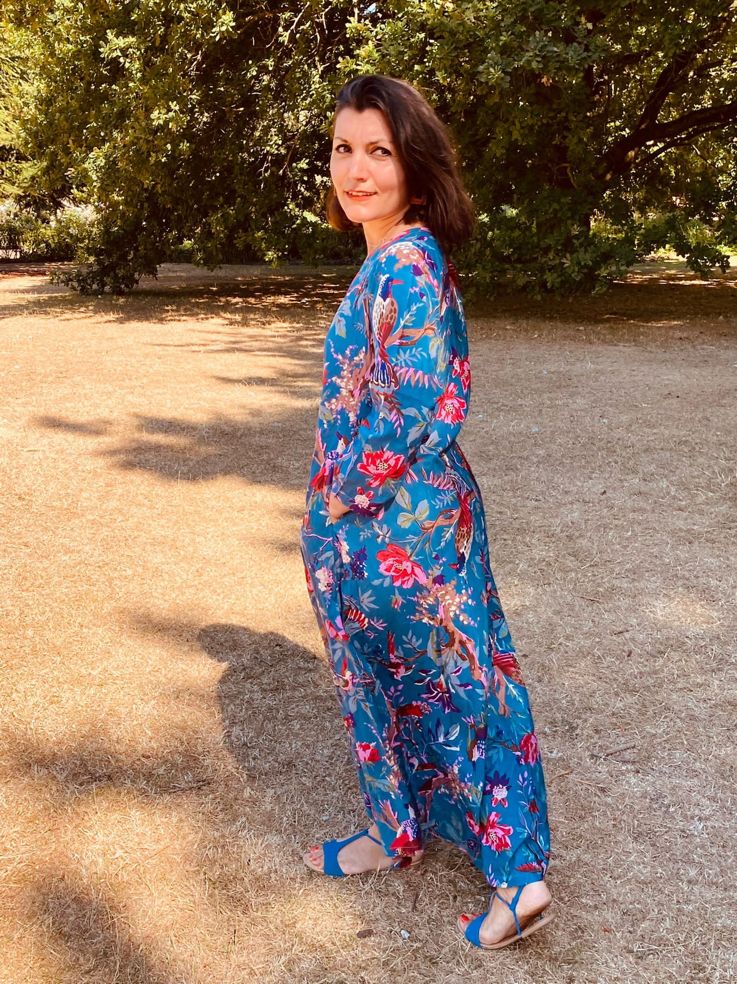 Teal Birds of Paradise Cotton Long Dress