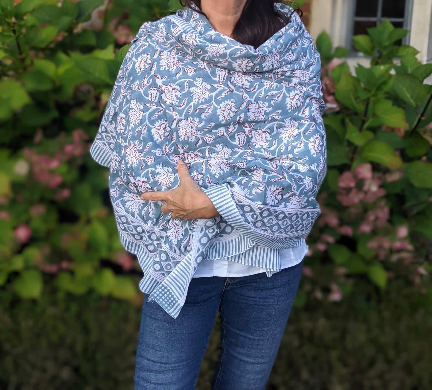 Grey  Poppies - Block Printed Cotton Shawl