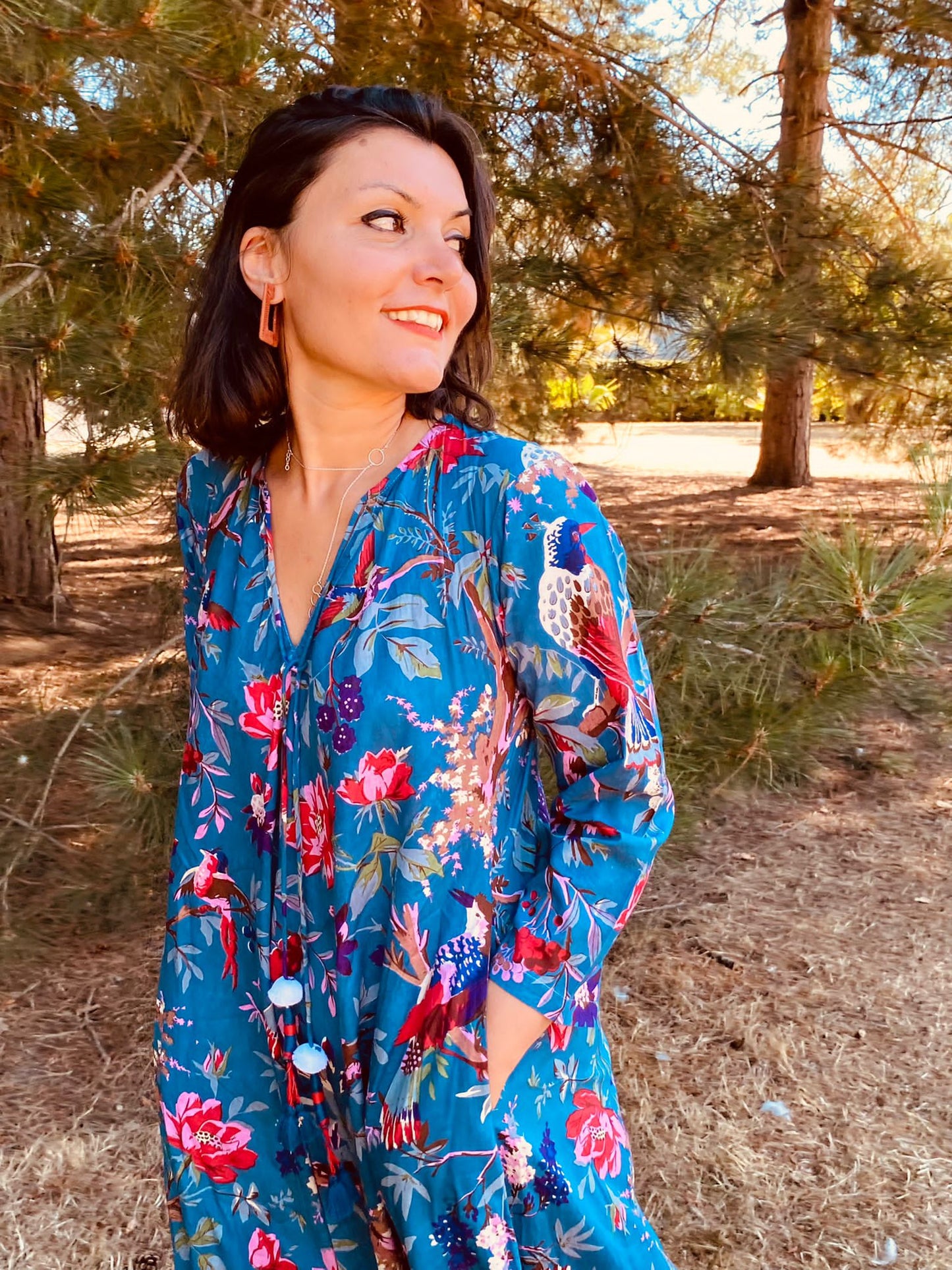 Teal Birds of Paradise Cotton Long Dress