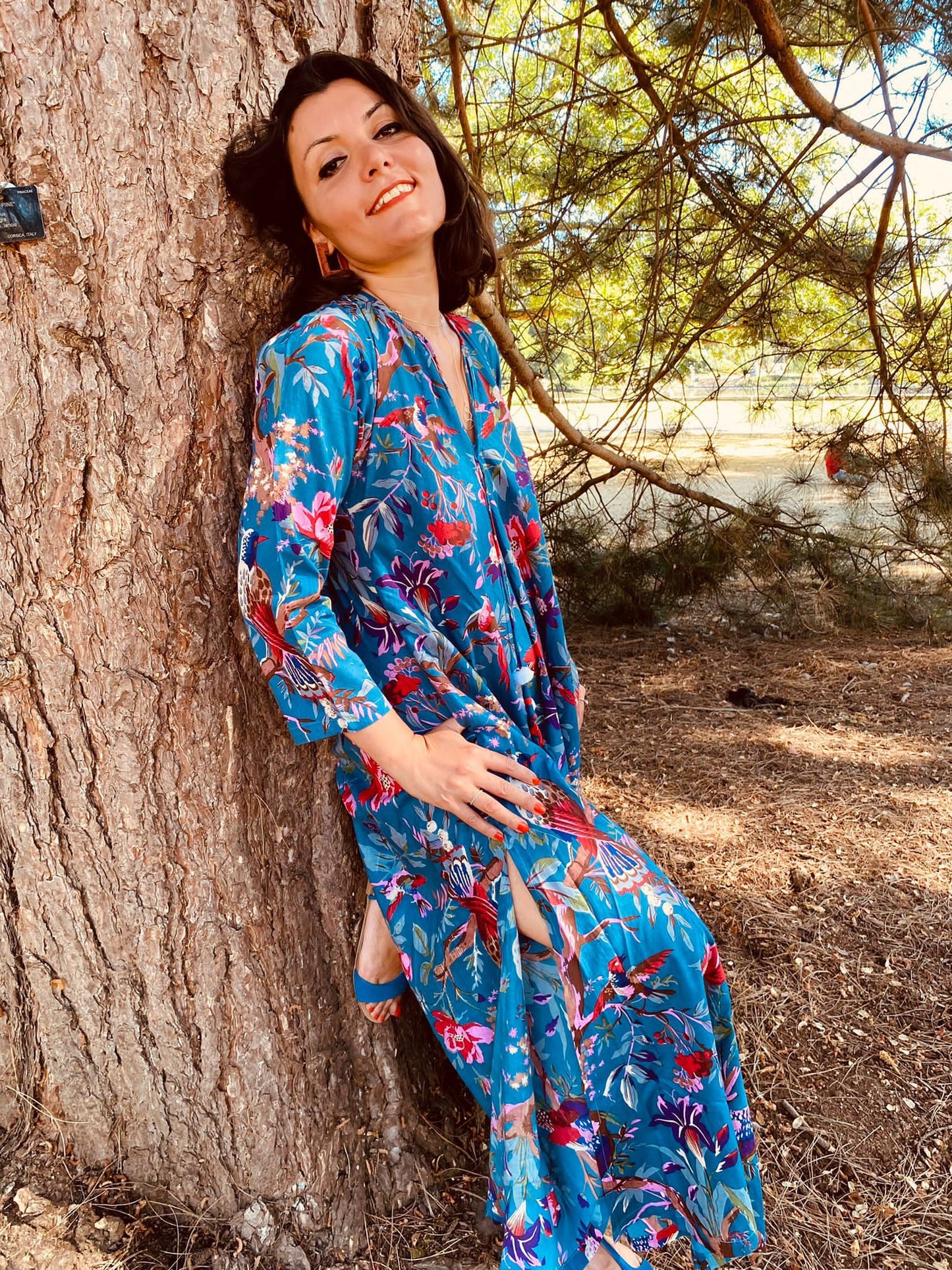 Teal Birds of Paradise Cotton Long Dress