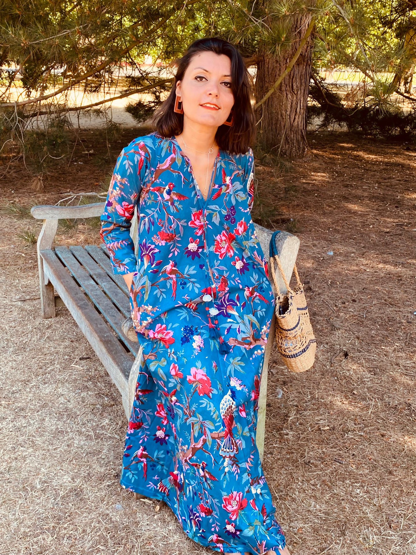 Teal Birds of Paradise Cotton Long Dress