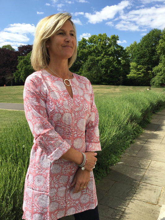Ladies' Kaftan - Pink and white flower print - Alassio