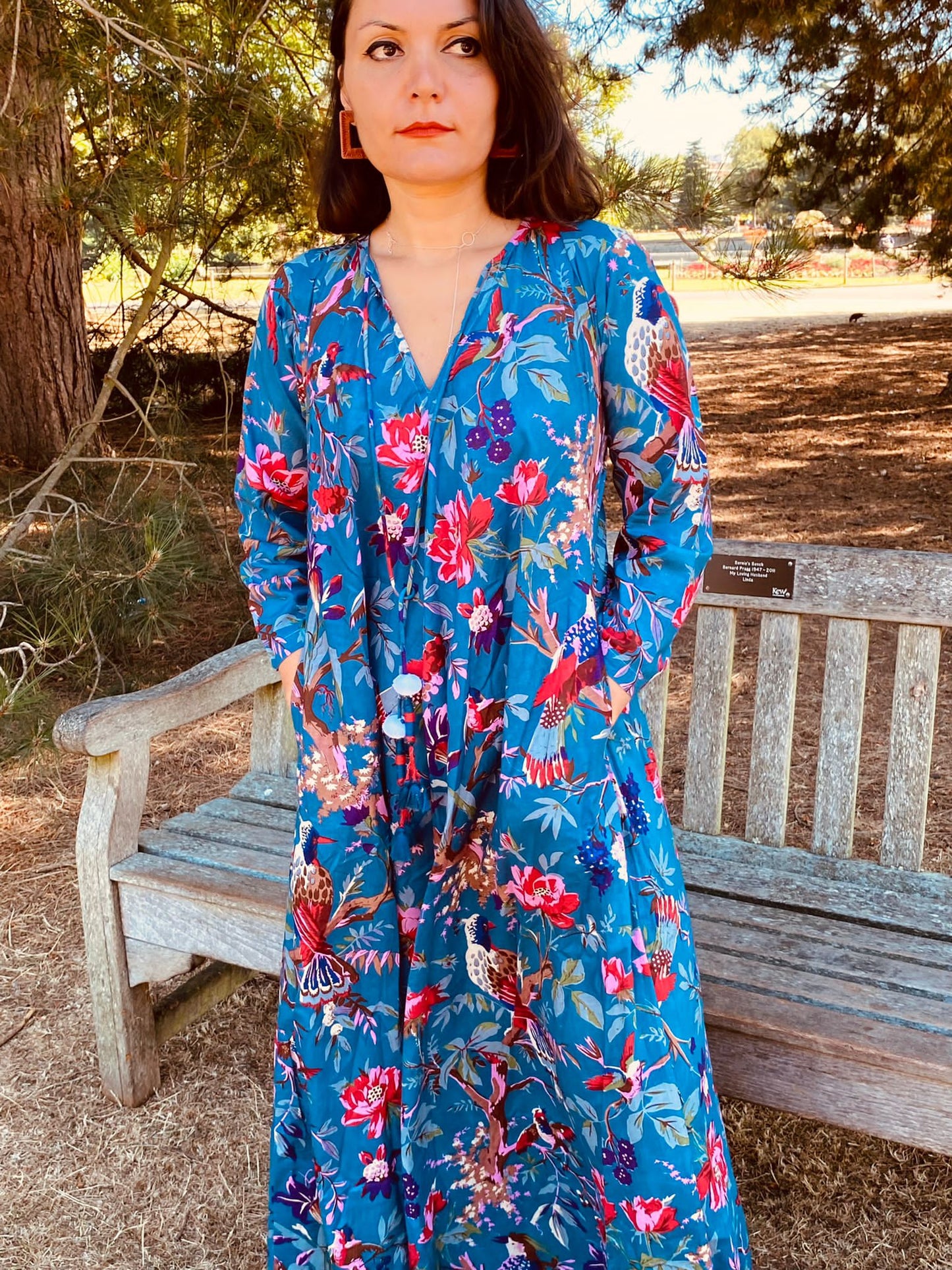 Teal Birds of Paradise Cotton Long Dress