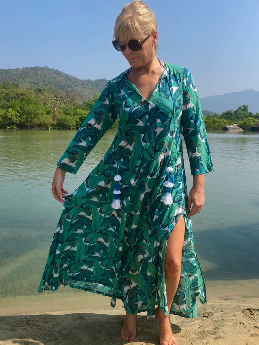 green banana leaf long dress