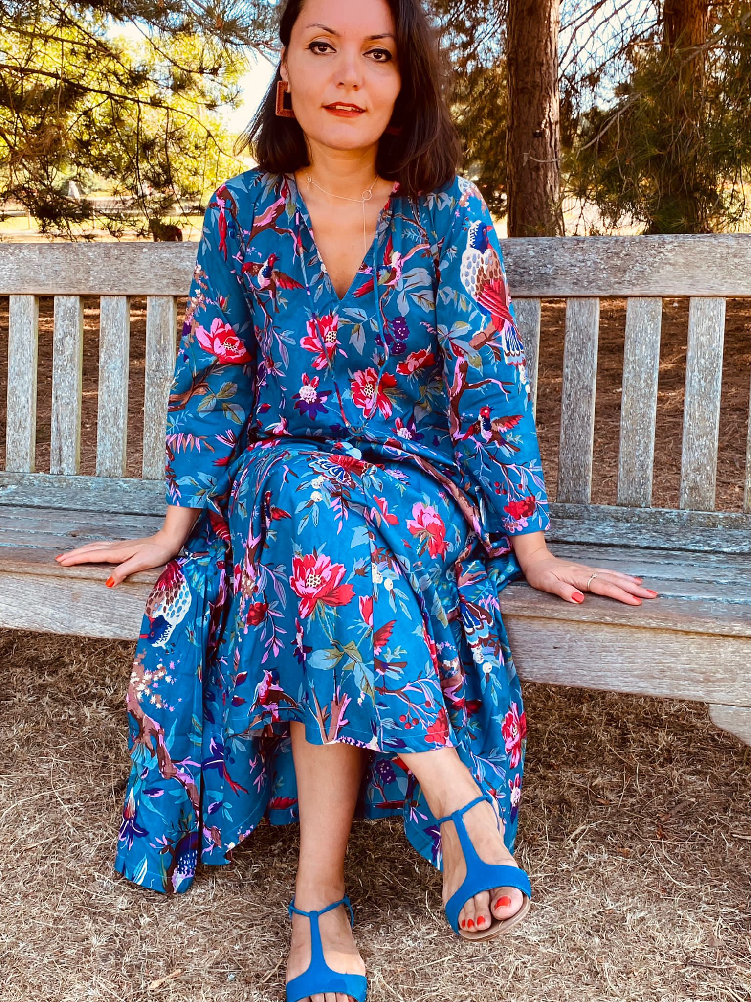 Teal Birds of Paradise Cotton Long Dress Wrap Up In Style Teal Birds of Paradise Cotton Long Dress Wrap Up In Style