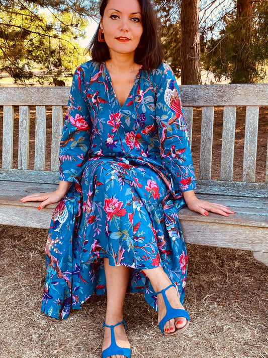 Teal Birds of Paradise Cotton Long Dress