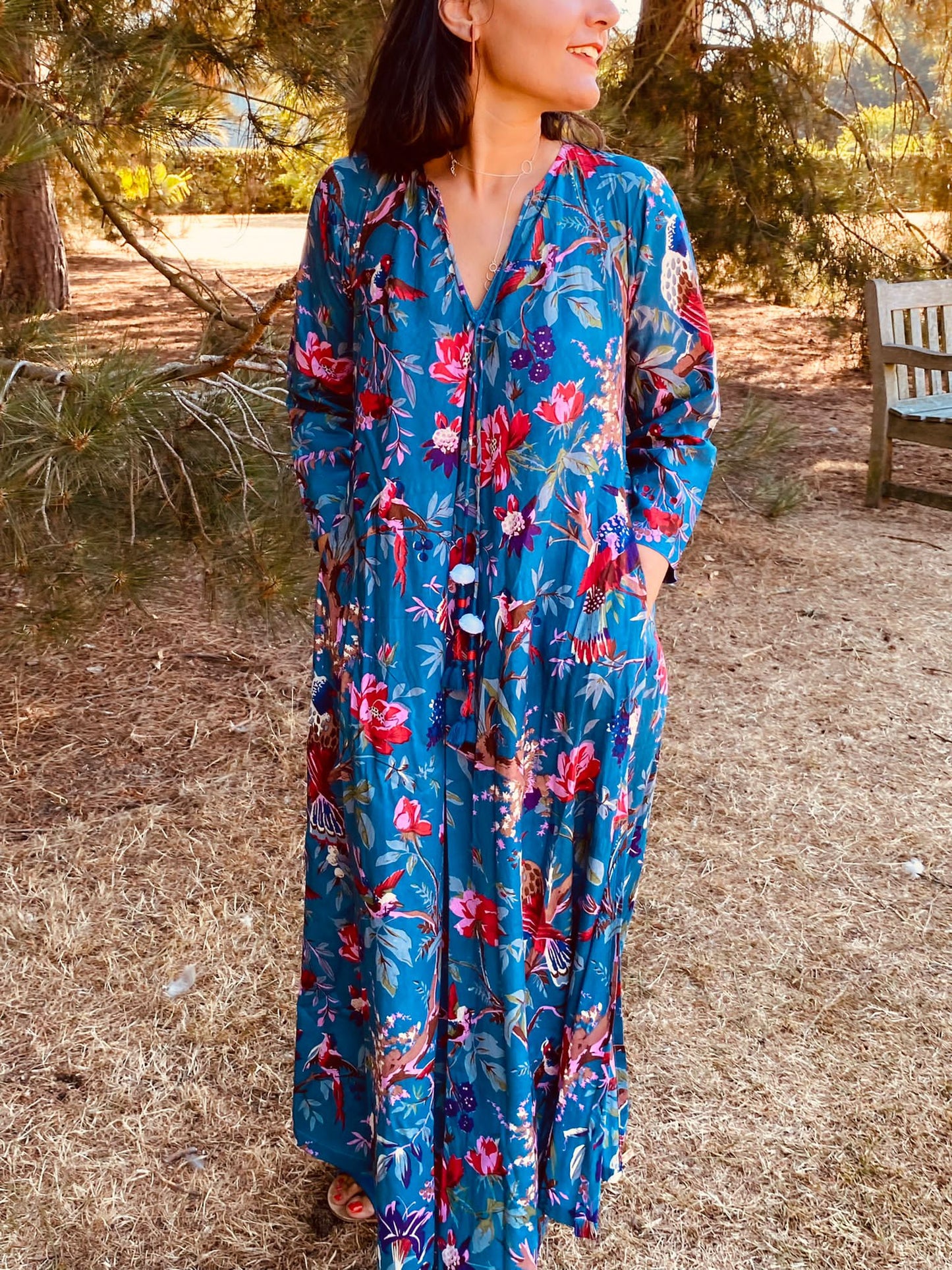 Teal Birds of Paradise Cotton Long Dress