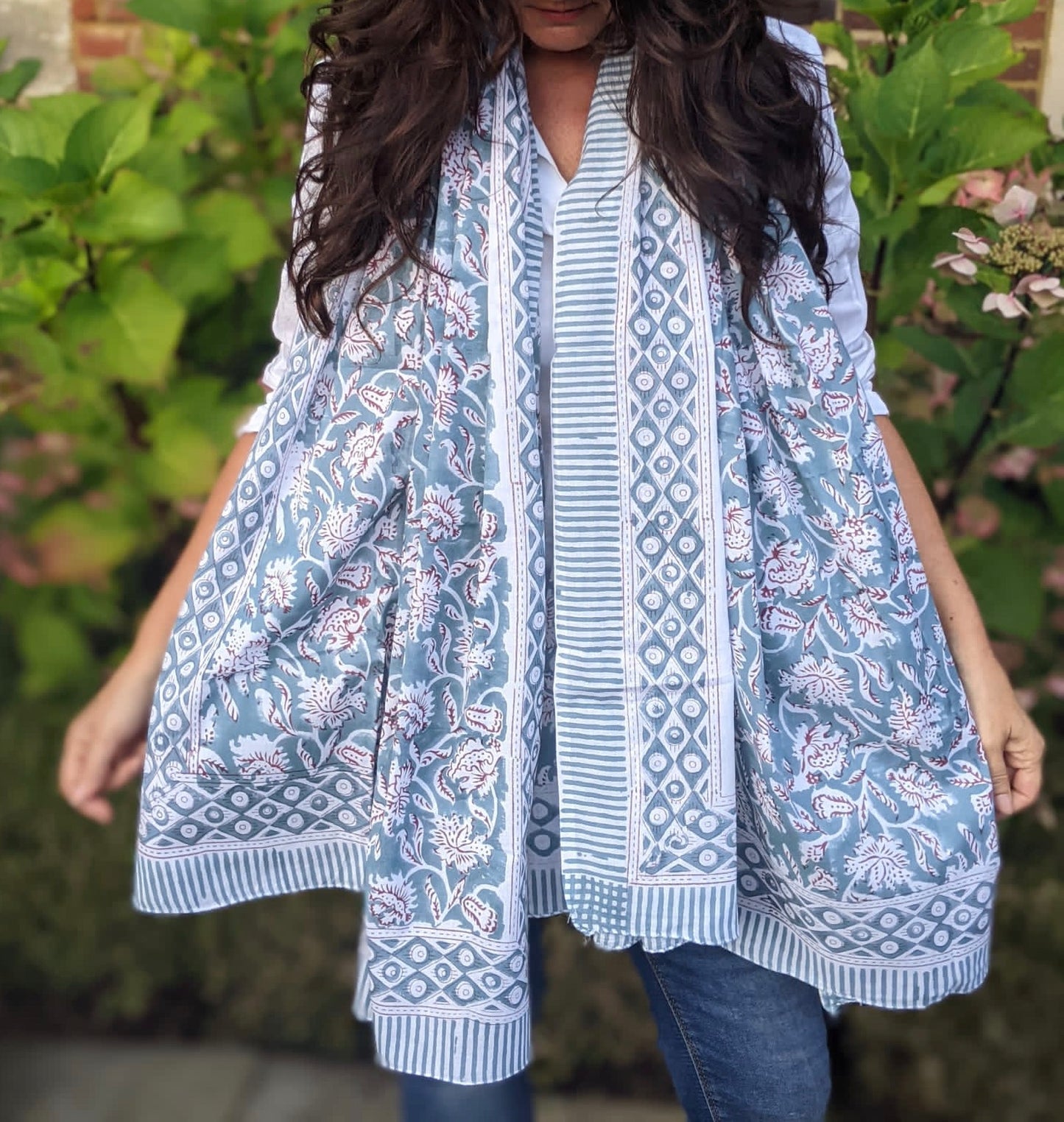 Grey  Poppies - Block Printed Cotton Shawl