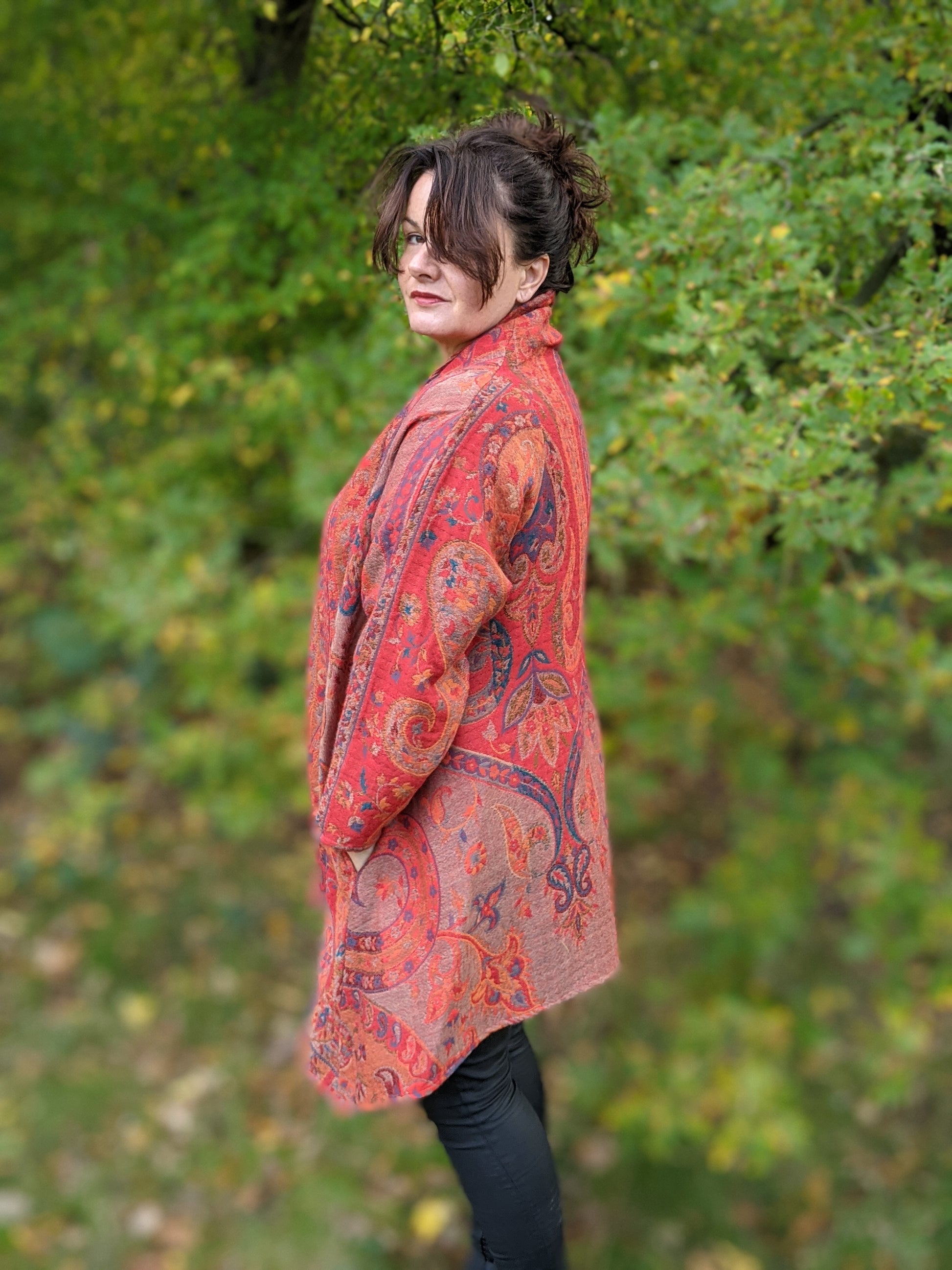 Jacquard woven wool coat