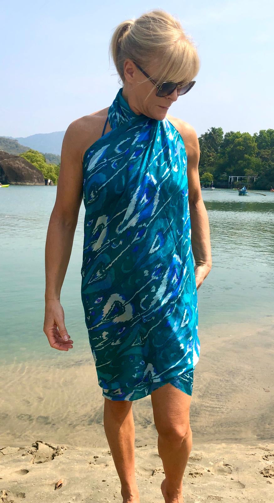 Goan sea green large silk scarf worn as dress