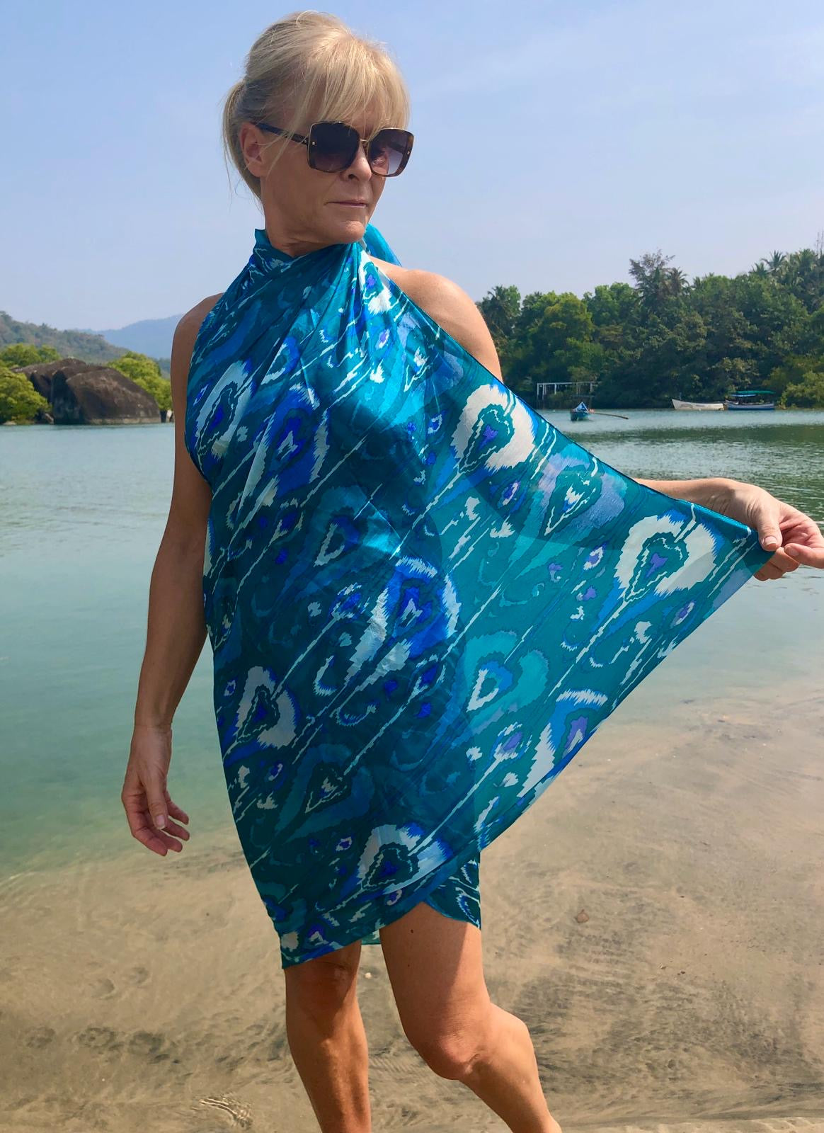 Goan sea green large silk scarf worn as dress
