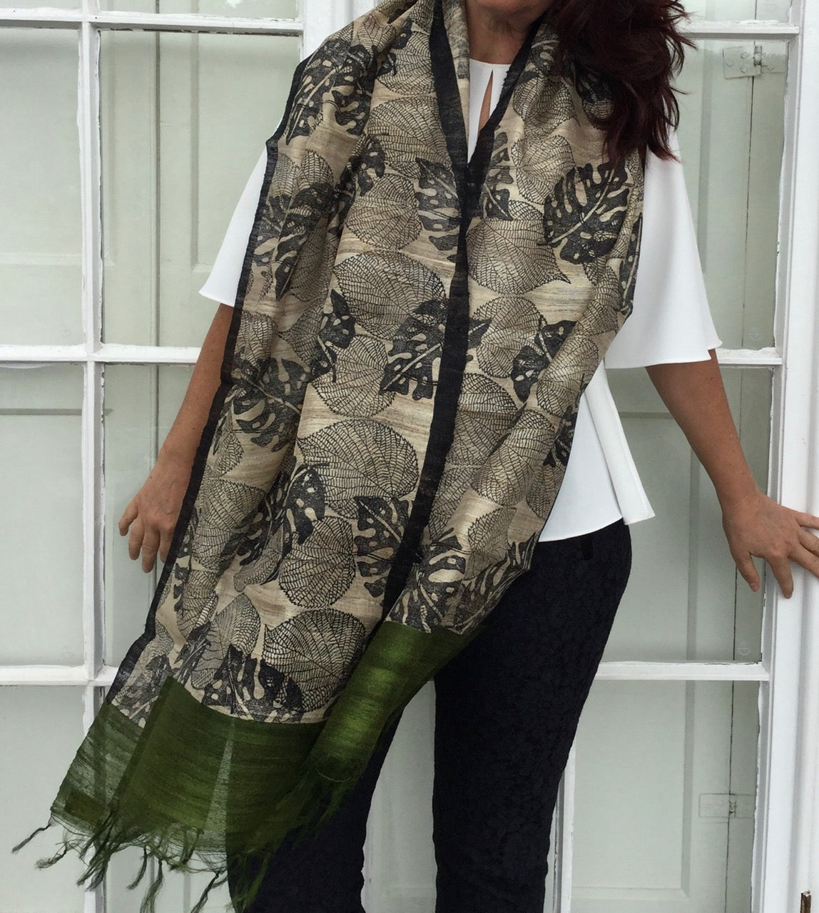 Silk shawl leaves green black