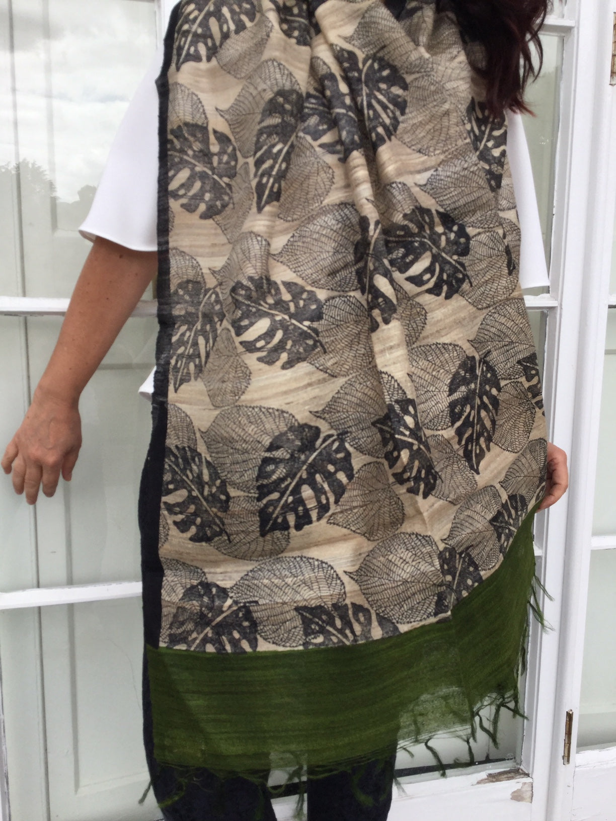Silk shawl leaves green black