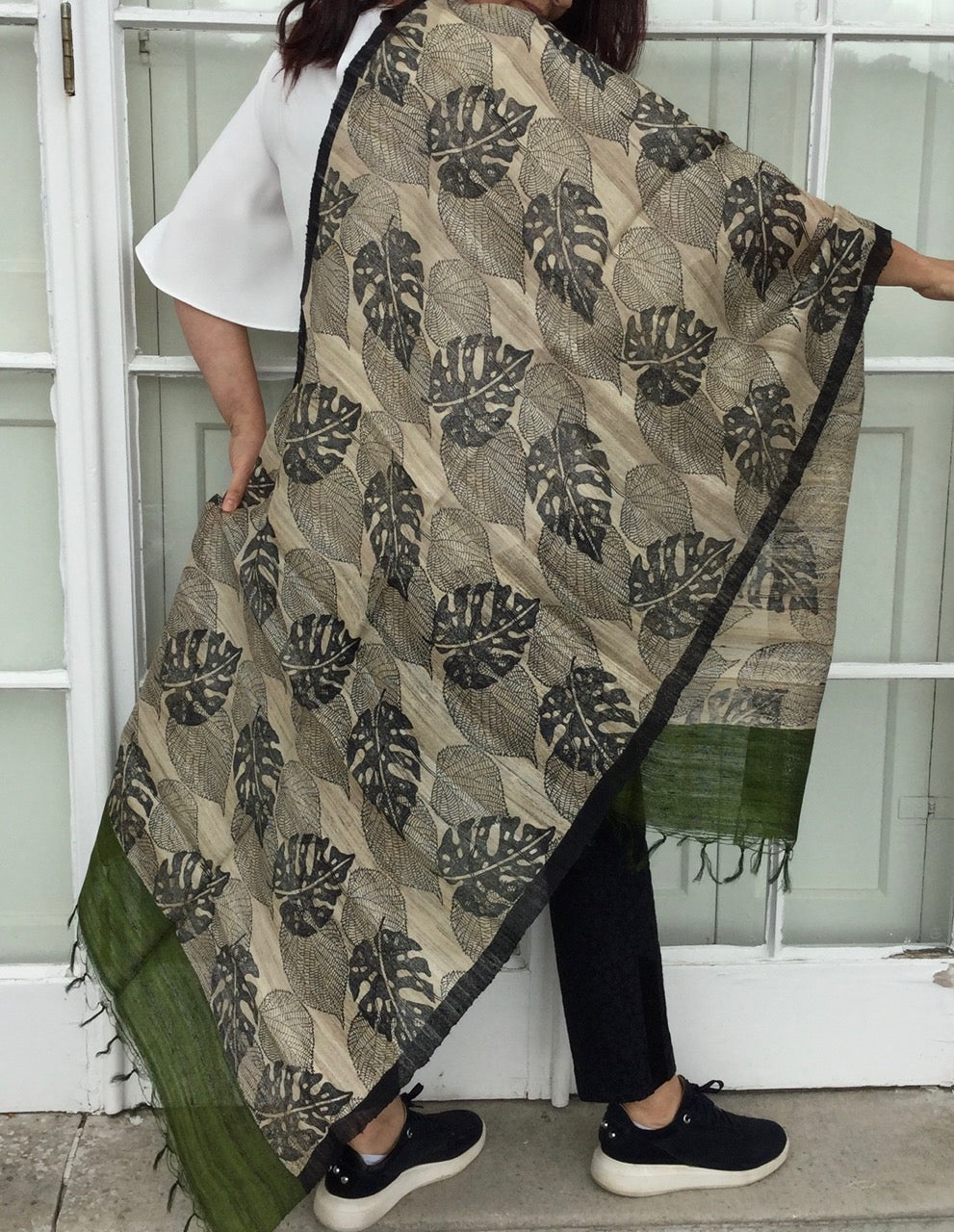 Silk shawl leaves green black