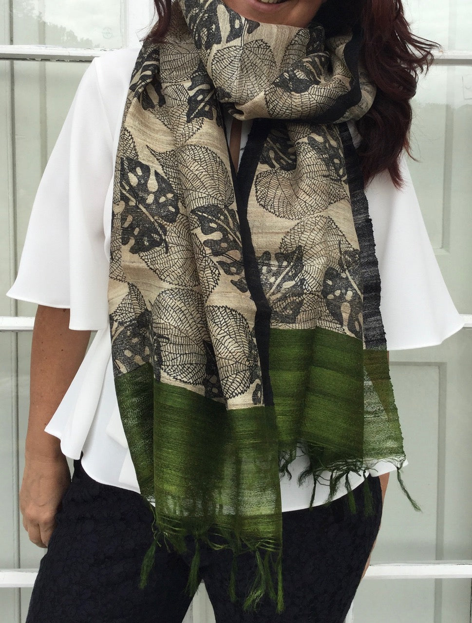 Silk shawl leaves green black