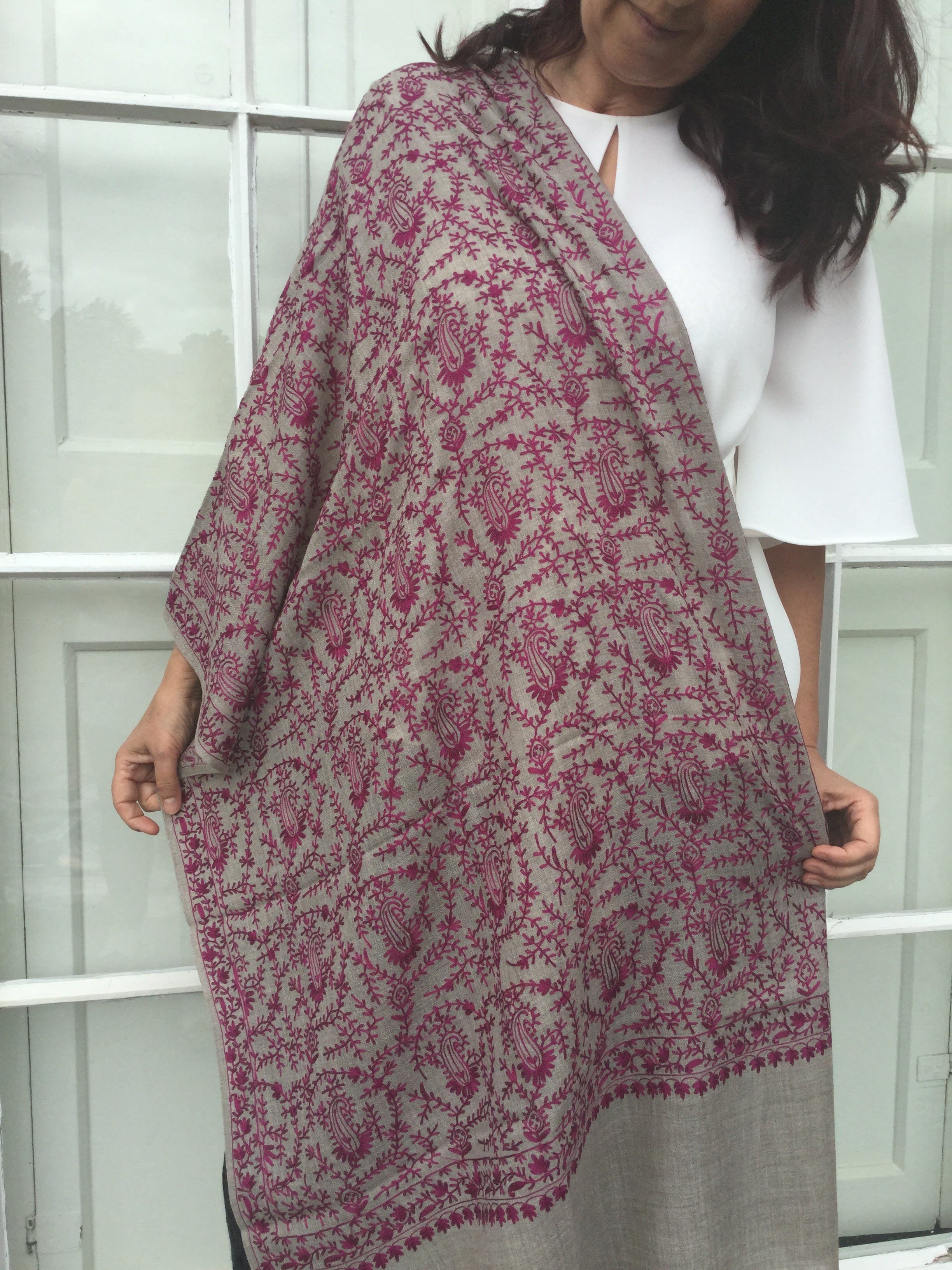 embroidered silk shawl cerise paisley