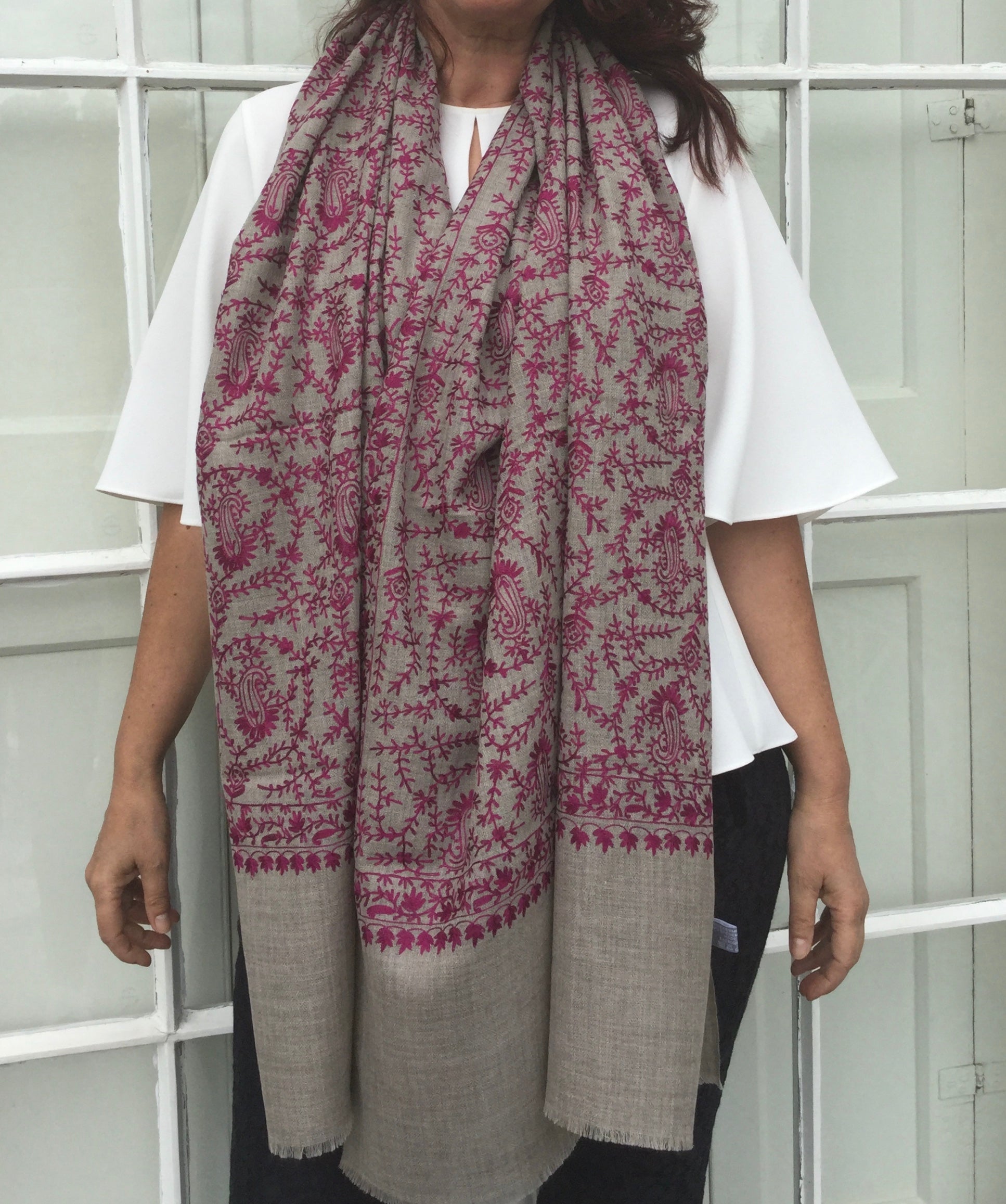 embroidered silk shawl cerise paisley