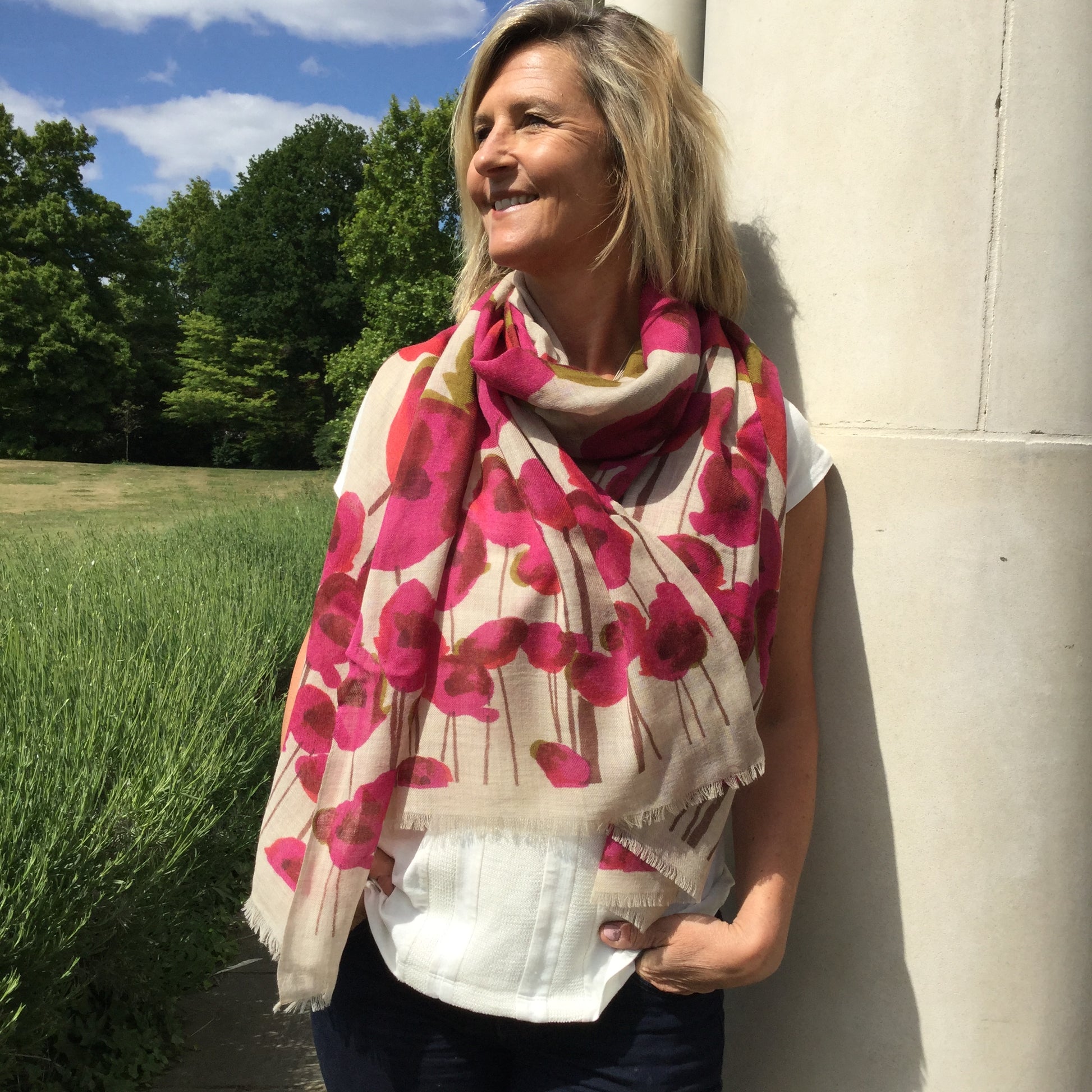 100% Wool Pink Poppy Print shawl