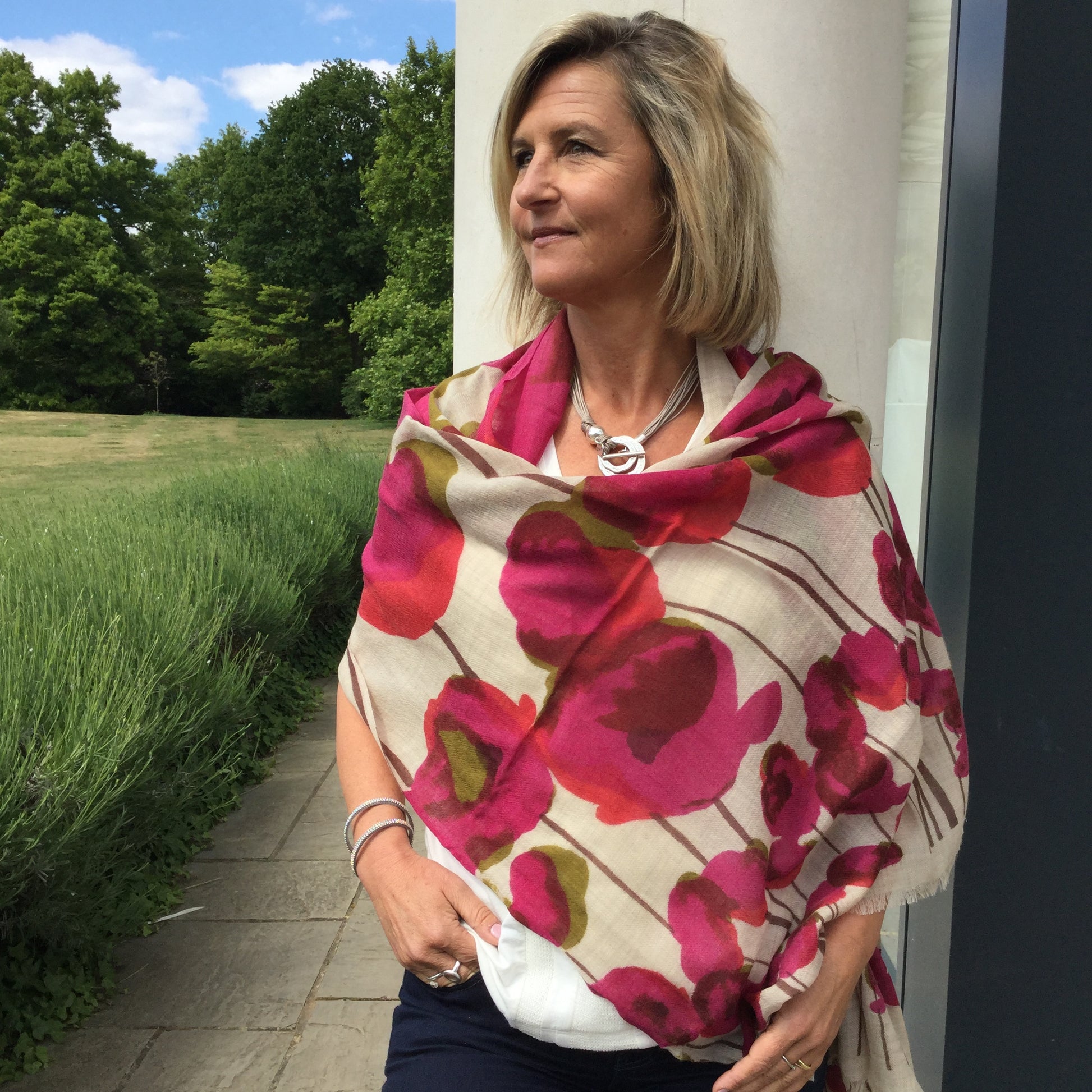100% Wool Pink Poppy Print shawl