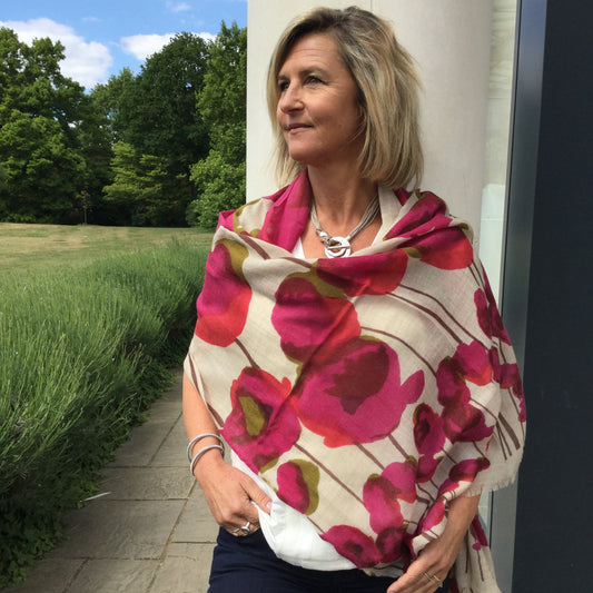 100% Wool Pink Poppy Print shawl