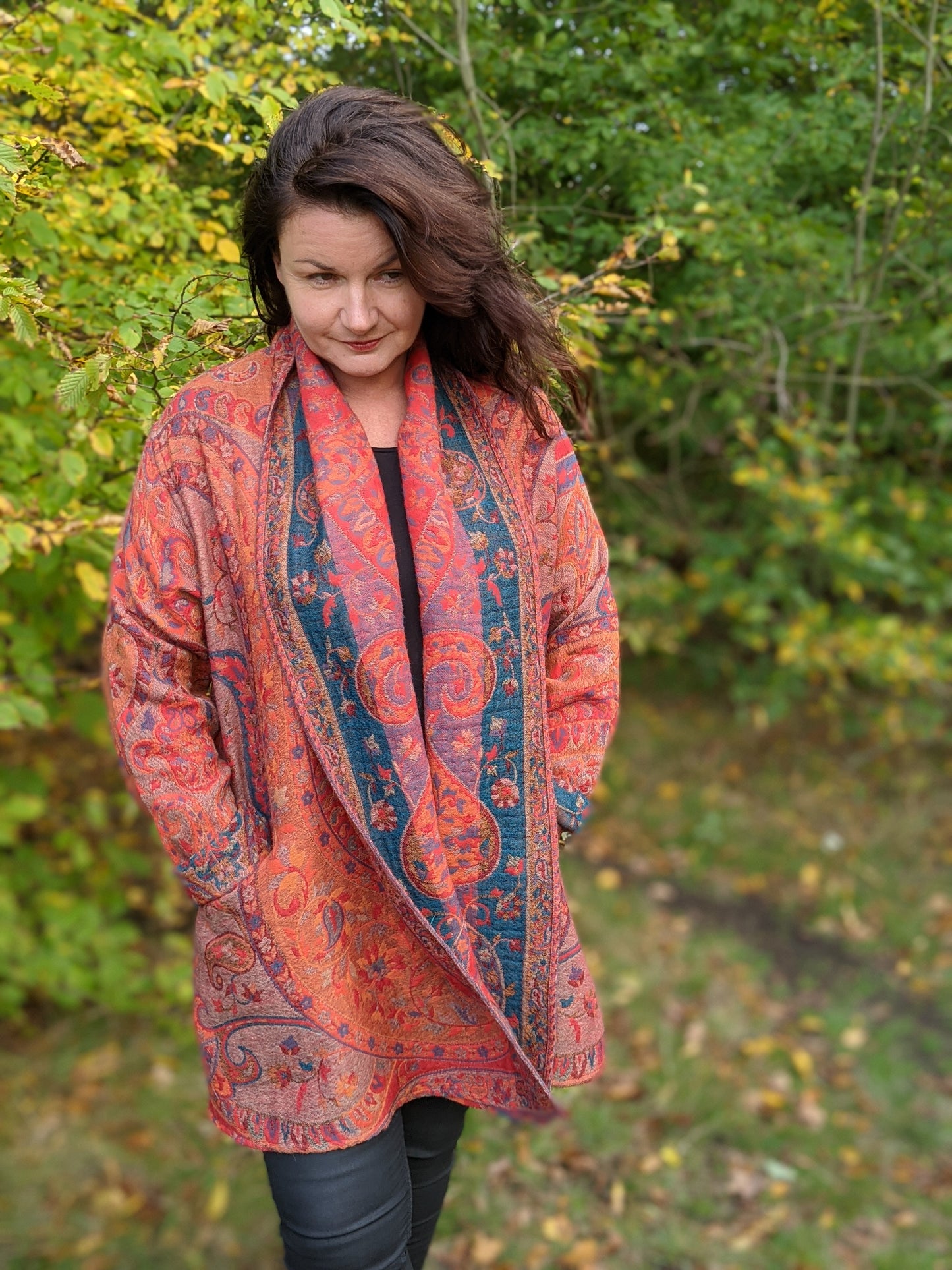 Jacquard woven wool coat