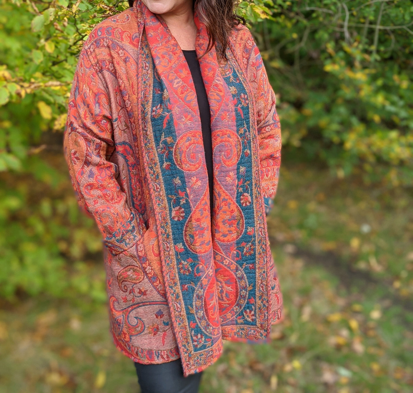 Jacquard woven wool coat