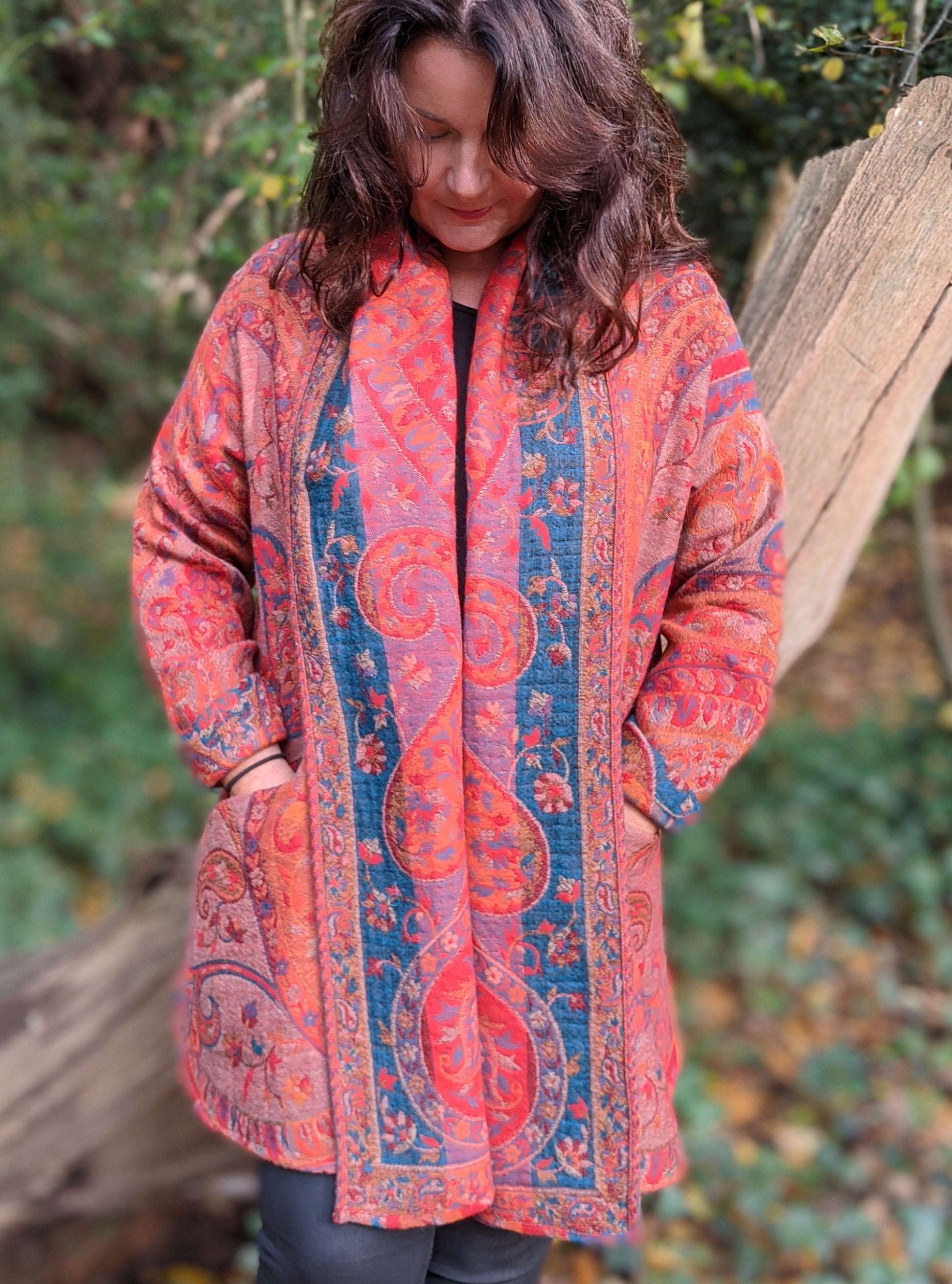 Jacquard woven wool coat