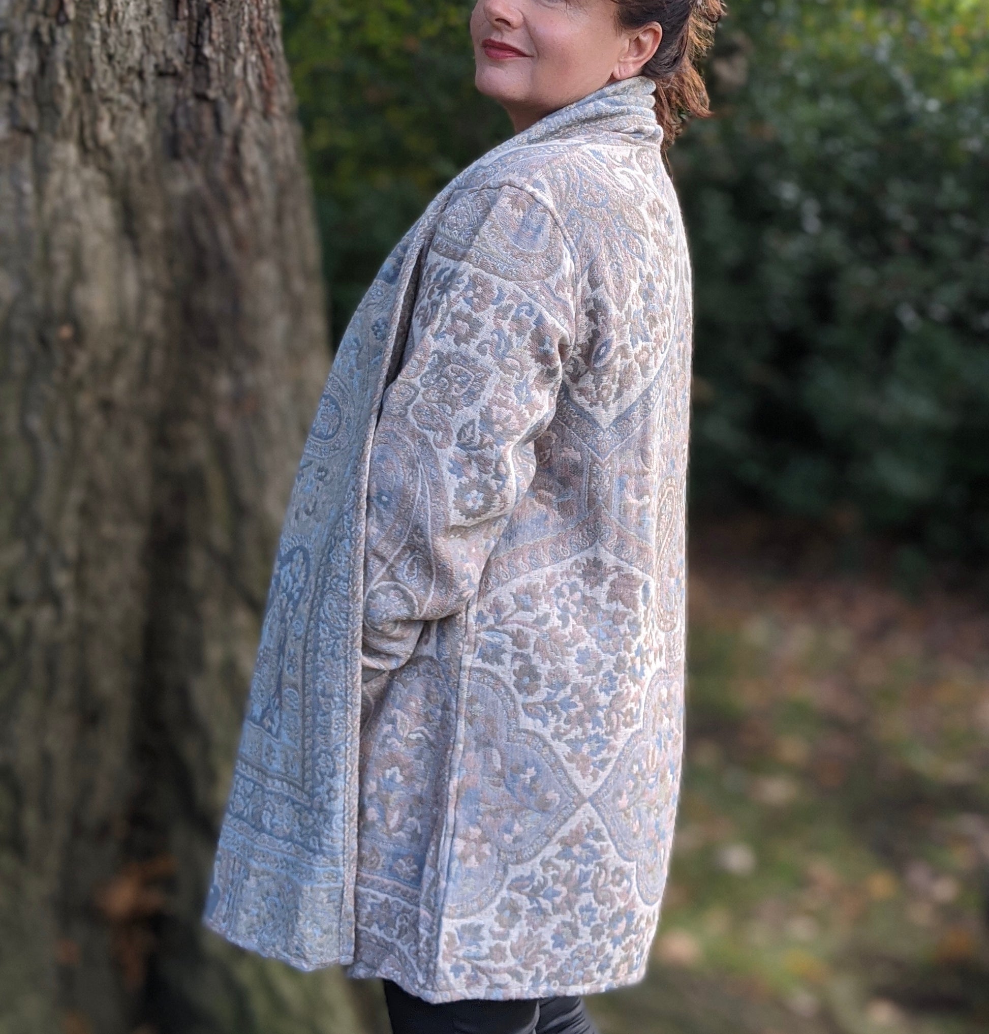 Jacquard woven wool coat