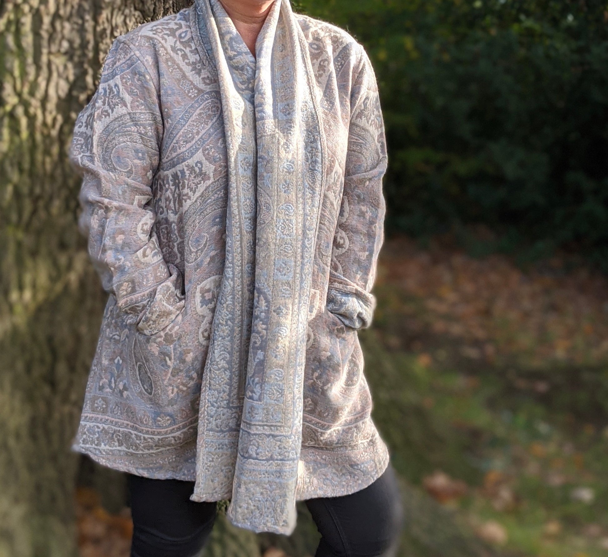 Jacquard woven wool coat
