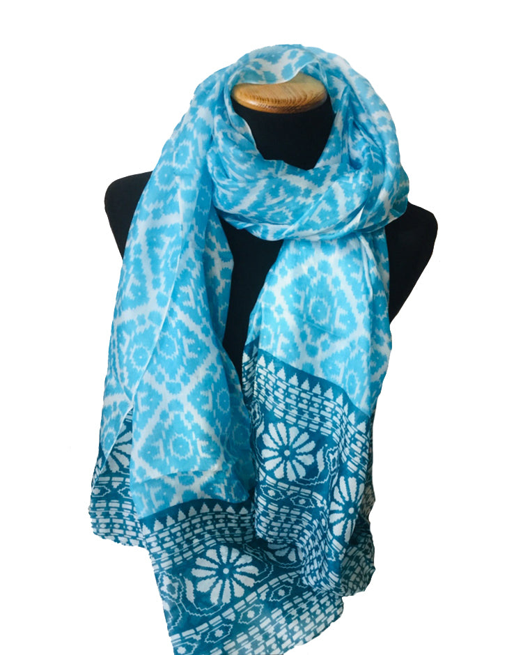 Large turquoise silk scarf - Yucatan