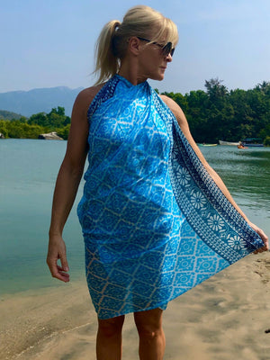 Large turquoise silk scarf - Yucatan - worn as dress